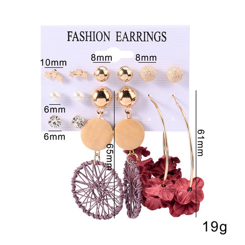 Arzonai new circle wooden dream catcher star earrings set temperament flower earrings 7-piece set
