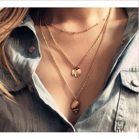 Arzonai Boho Conch Gold Cape Necklace Beach Sequins Pendant Necklaces Chain Jewelry for Women and Girls