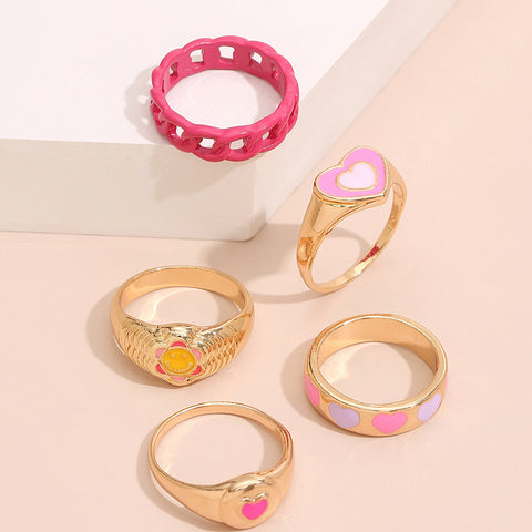 Arzonai Fashionable Chinese style gossip  color love smiling face new women's ring set- 5 Pcs