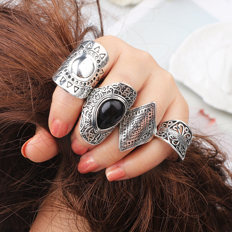 Arzonai Retro ethnic black gemstone drop ring palace hollow carved diamond 4-piece ring sun pattern for women and Girls
