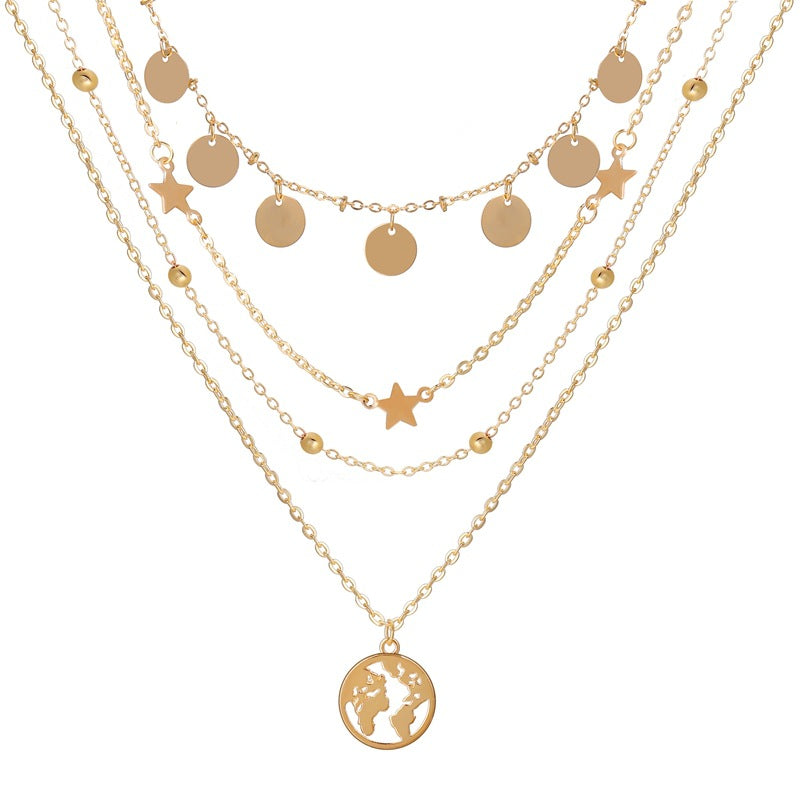 Arzonai new simple round piece five-pointed star pendant multi-layer necklace creative alloy clavicle chain