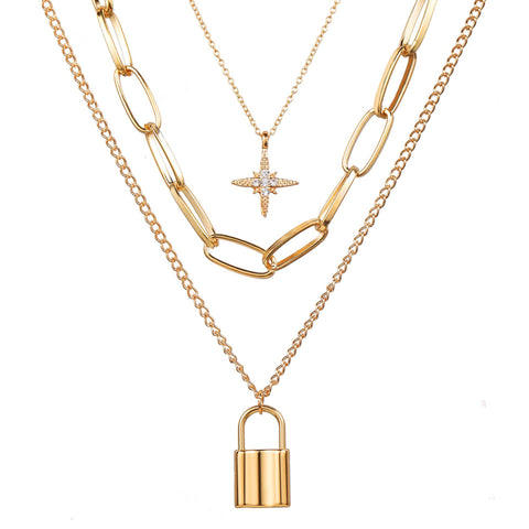 Arzonai multi-layer necklace female creative retro simple eight-pointed star lock pendant thick chain necklace