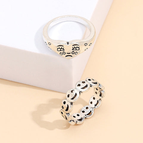 Arzonai Korean fashion simple style ancient silver smiley Sad face ladies ring set