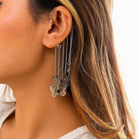 Arzonai 1pCs niche metal hollow retro earrings women's all-match butterfly tassel long without pierced earrings