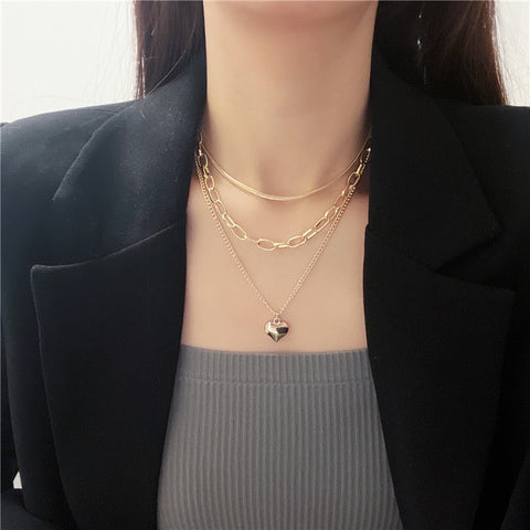 Arzonai new multi-layered hip-hop punk love pendant snake bone necklace female simple temperament collarbone chain necklace