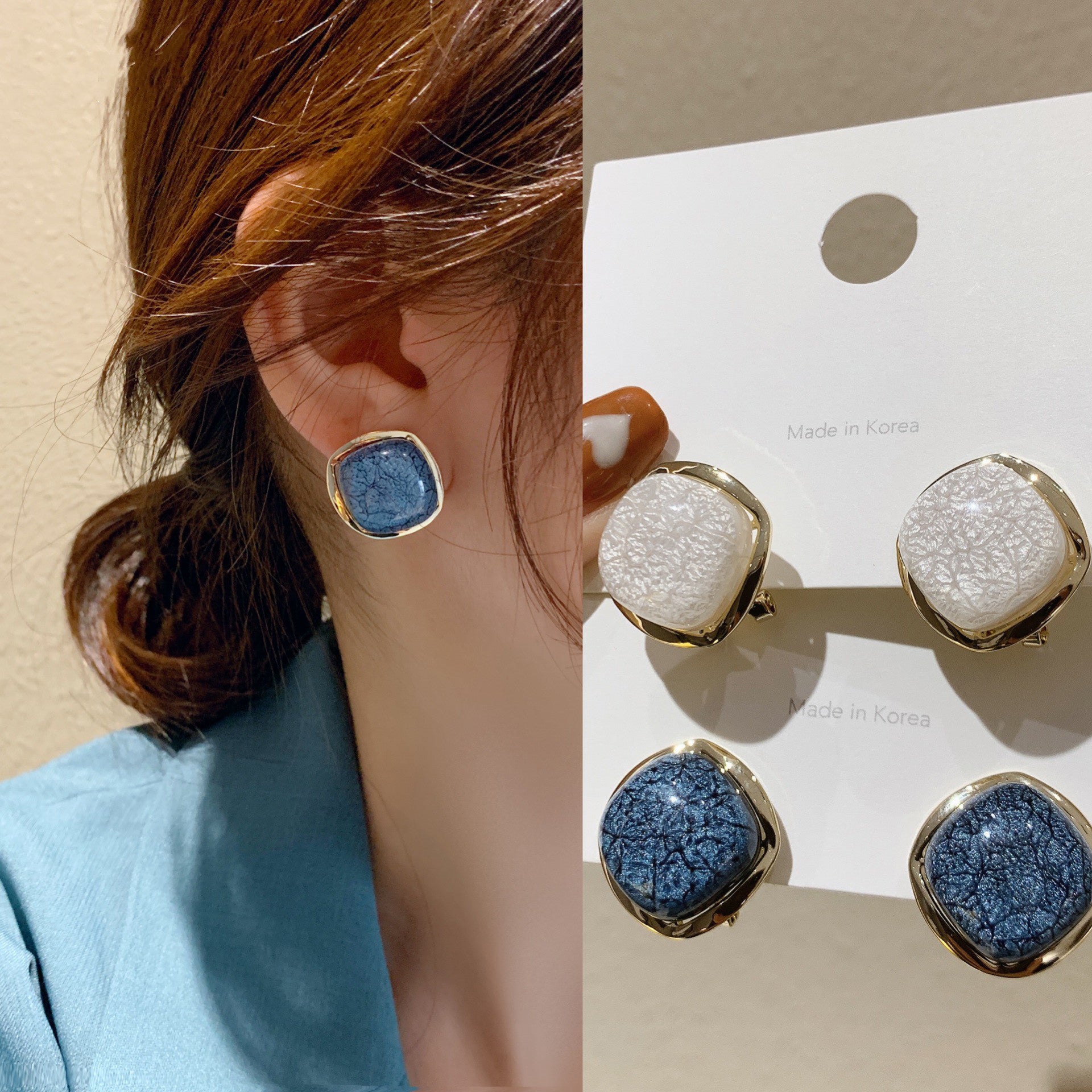 Arzonai French retro geometric metal blue texture earrings female Korean temperament all-match fashion cool wind stud earrings