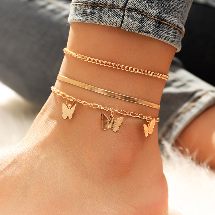 Arzonai  jewelry  simple gold 3 snake chains chain wild alloy butterfly pendant anklet