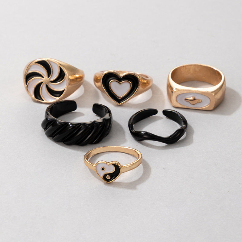 Arzonai drip ring dark love big windmill Tai Chi fashion ins style simple 6-piece ring