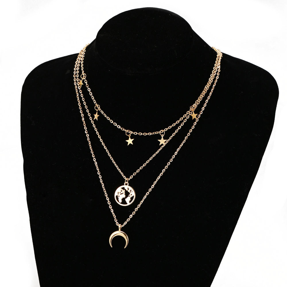 Arzonai new alloy clavicle chain creative personality alloy star moon map multi-layer necklace for Girls and Women