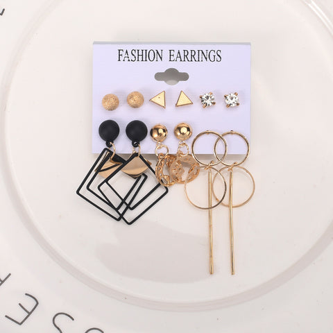 Arzonai new geometric diamond ring tassel earrings 6-piece set of creative simple diamond alloy earrings