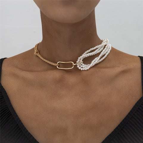 Arzonai French retro baroque pearl multilayer clavicle chain personalized wedding simple asymmetric design short necklace