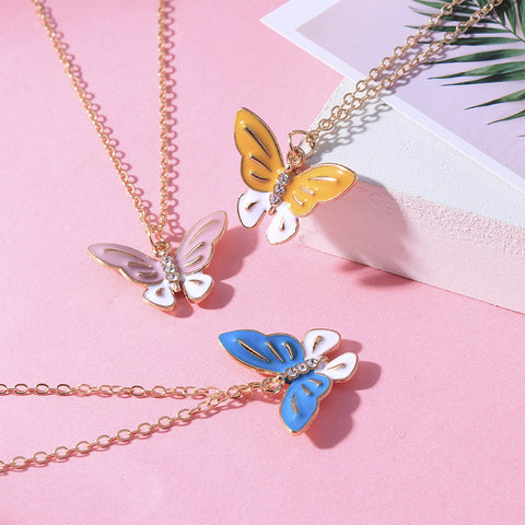 Arzonai Japan and South Korea New Cartoon Aesthetic Butterfly Pendant Necklace  Butterfly Sweater Chain with Rhinestone Sweet and Fresh
