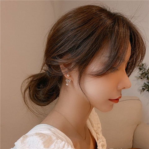 Arzonai South Korea's sweet commuter c-bit pearl bow earrings simple and small girl earrings temperament  earrings for Girls and Women