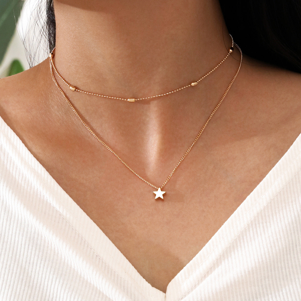 Arzonai European and American foreign trade new product simple double layer clavicle necklace five-pointed star-shaped pendant lady necklace 1Pc