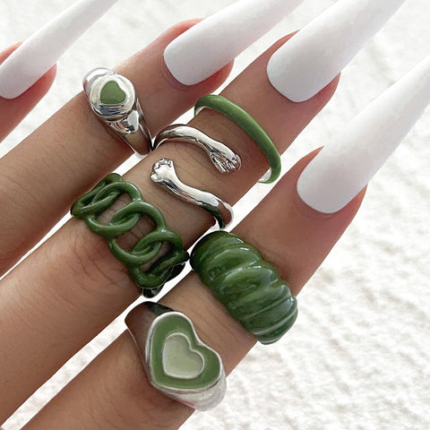 Arzonai Hug Me Silver Double Heart Green Croissant Rings Set  6PC/Set