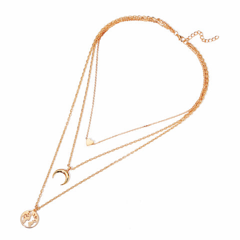 Arzonai Love Crescent Map Pendant Multilayer Necklace Creative Retro Alloy Metal Clavicle Chain
