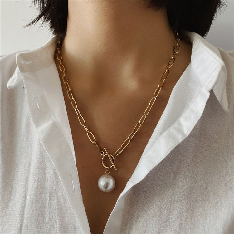 Arzonai European and American cross-border fashion Korean retro metal chain round anti-pearl long sweater chain creative female necklace jewelry