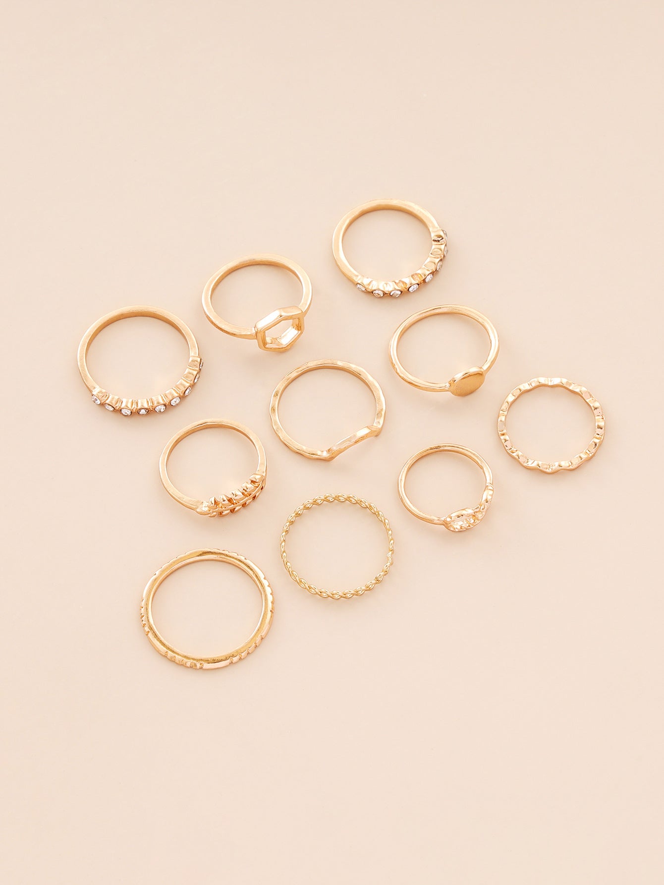 Arzonai hot-selling personality simple geometric round eight-character leaf wave with diamond retro joint ring 10Pcs Set
