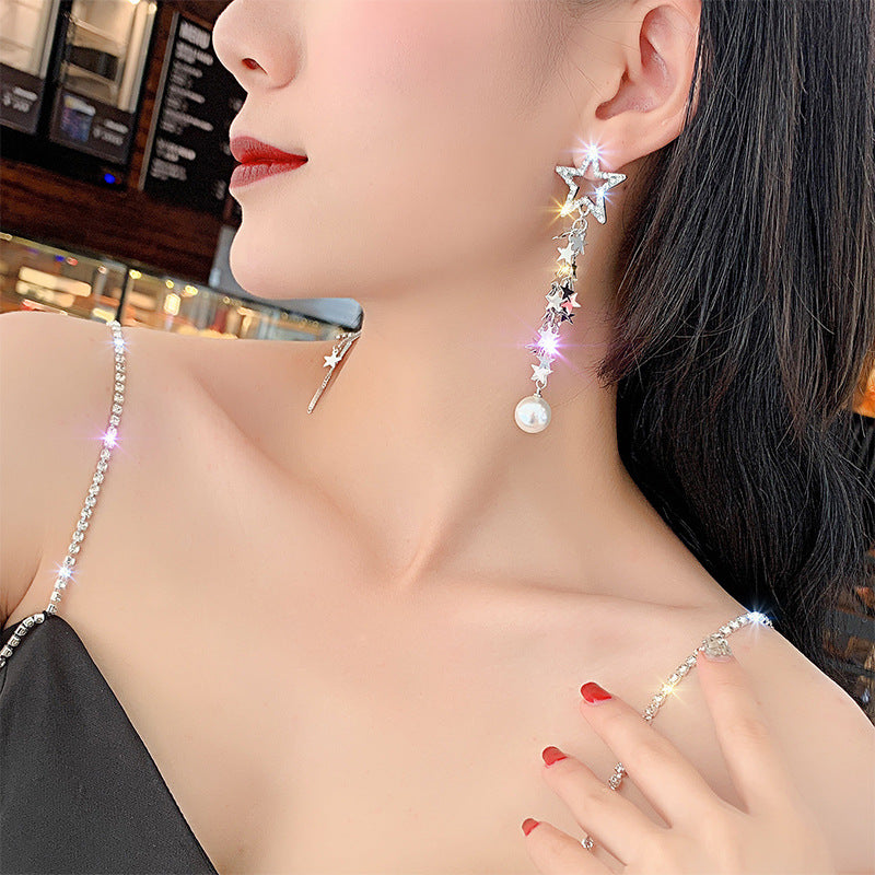 Arzonai 5 Star European and American earrings 2022 new trendy stars, long tassel pearl earrings, feminine temperament, super fairy, exaggerated personality for women and Girls-silver