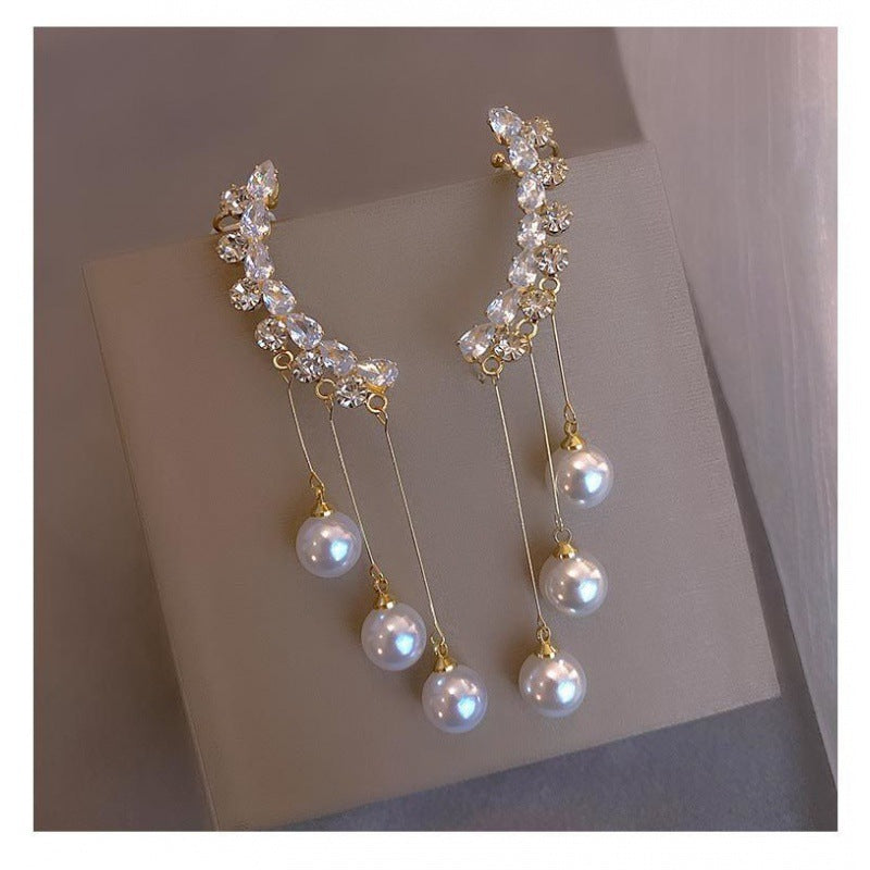 Arzonai New light luxury fashion net red temperament earrings needle trendy design zircon tassel long pearl earrings