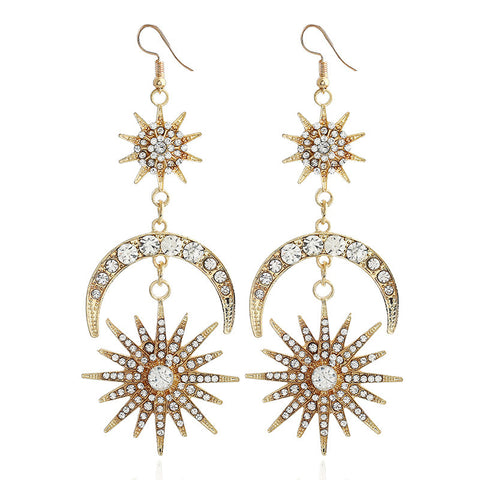 Arzonai European and American explosion models exaggerated fashion exquisite rhinestone geometric star earrings earrings sun moon retro earrings women