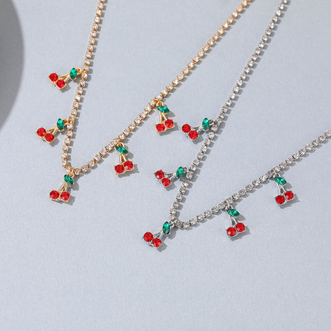 Arzonai Cherry Necklace Hip Hop Tennis Chain Cherry Pendant Collar Small Fresh Single Row Micro-studded Necklace