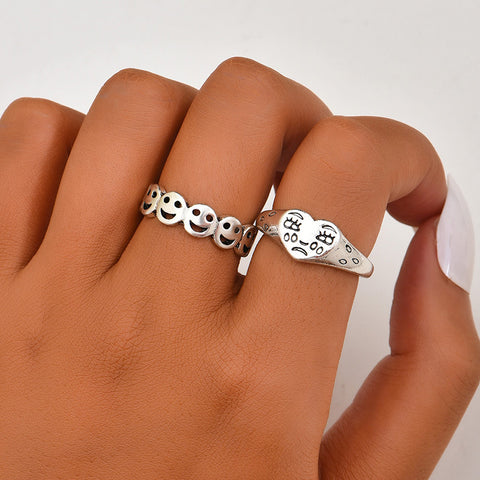 Arzonai Korean fashion simple style ancient silver smiley Sad face ladies ring set