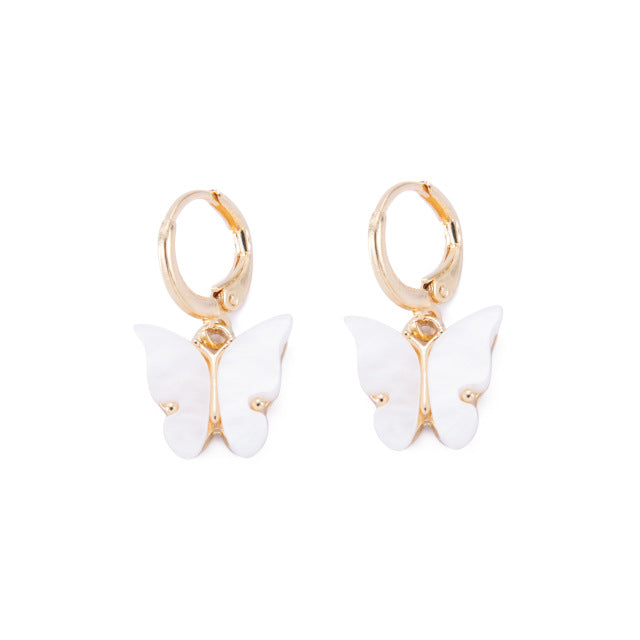 Arzonai New Hot Sale Boho Summer Color Resin Small Butterfly Clip On Huggie Earrings Acrylic Butterfly Hoop Earrings