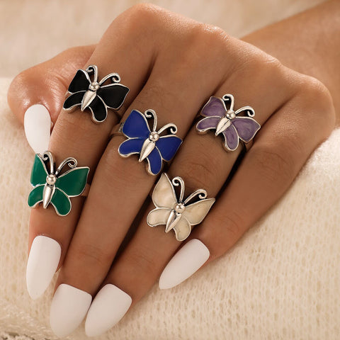 Arzonai cross-border foreign trade new style hand jewelry popular creative color dripping butterfly 5-piece ring ring set
