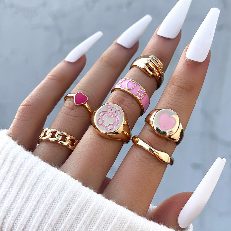 Arzonai 2022 new ins pink dripping oil love bear ring chain grasper color matching ring 7-piece set