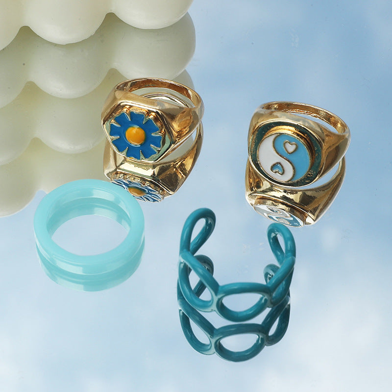 Arzonai Yin Yang Tai Chi Oriental Elements Blue Oil Daisy Ring Wild Personality Index Finger Ring
