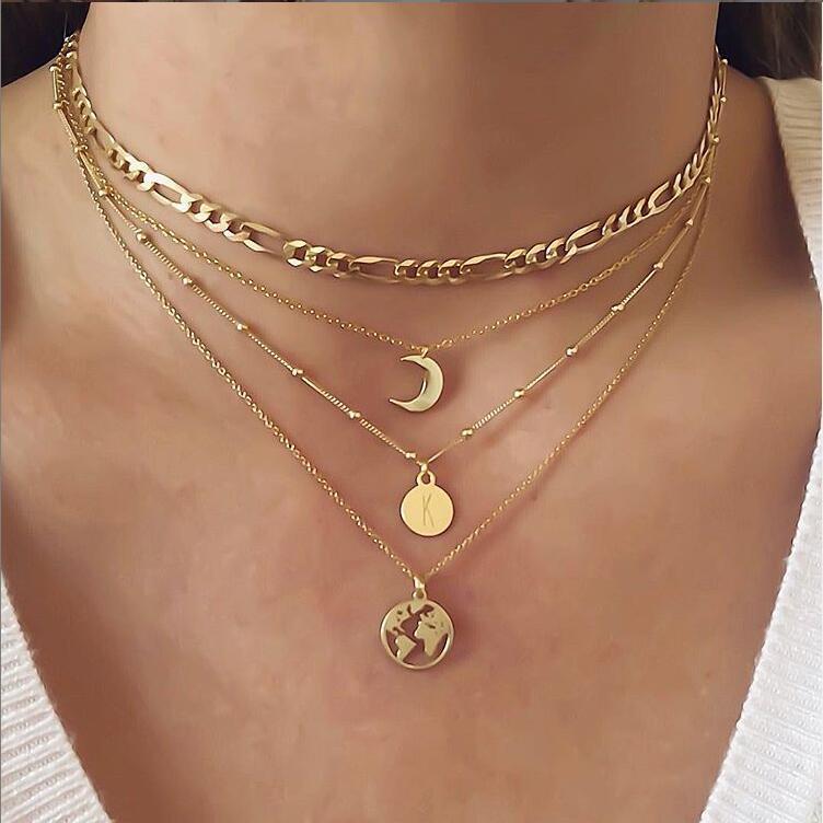 Arzonai multi-layer personality creative round retro letter map item decoration simple multi-layer disc wild necklace clavicle chain