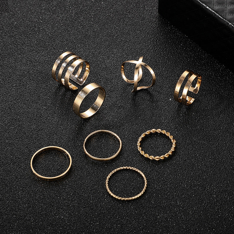 Arzonai new jewelry European and American fashion retro metal smooth twist cross ring 8-piece set