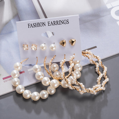 Arzonai exaggerated large ear hoop earrings set, peach heart studs, temperament winding pearls, 6 pairs of plate earrings