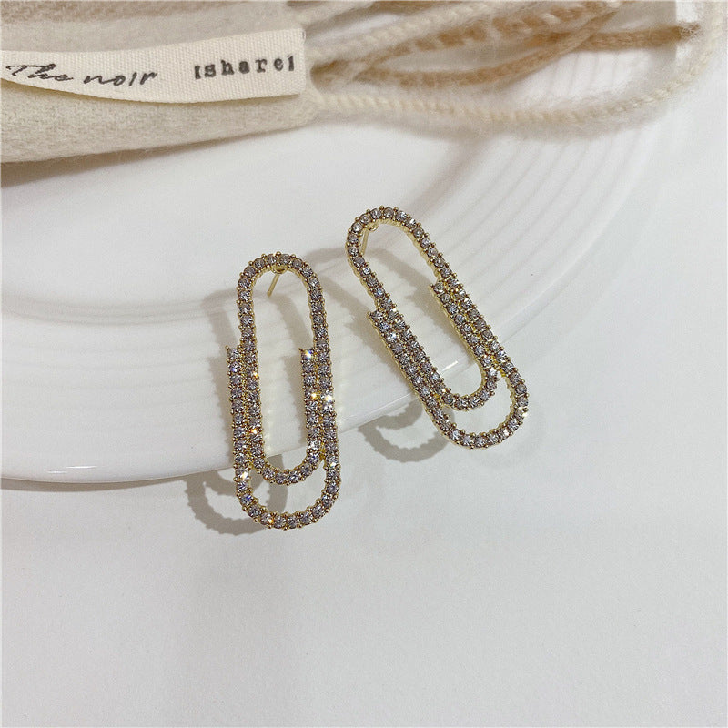 Arzonai temperament rhinestone inlaid paper clip new exquisite earrings super fairy all-match niche fresh