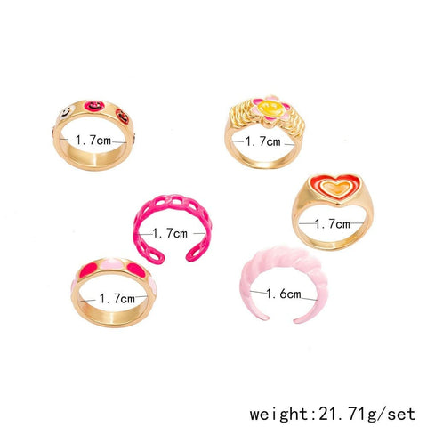 Arzonai Pink Smile Heart Crossiant Flower Heart Rings Set of 6 Rings