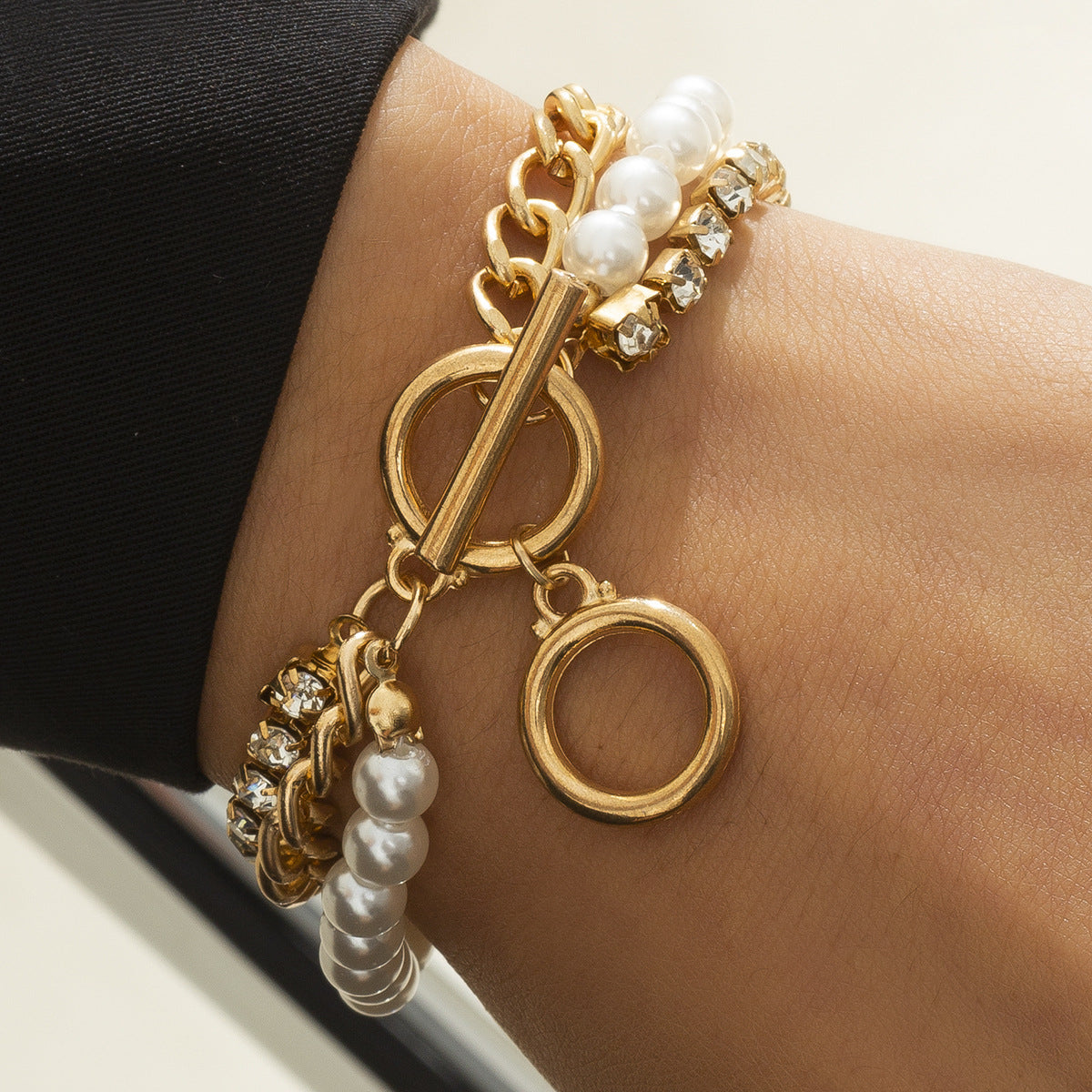 Arzonai jewelry temperament cold wind pearl chain multi-layer bracelet hip-hop geometric ring diamond bracelet