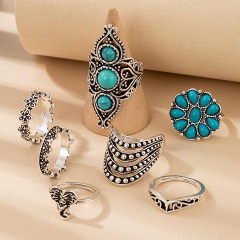 Arzonai fashion jewelry retro ethnic style turquoise elephant geometric graphic 7-piece silver ring set
