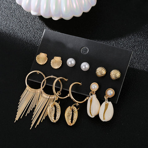Arzonai Hawaiian style combination shell earrings set fashion popular tassel metal earrings female pearl earrings