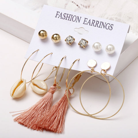 Arzonai creative retro simple pearl circle shell tassel earrings set European and American cross-border new earrings