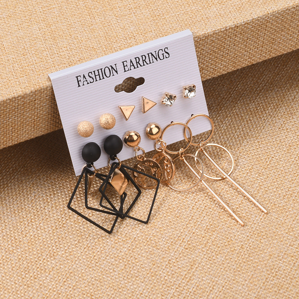 Arzonai new geometric diamond ring tassel earrings 6-piece set of creative simple diamond alloy earrings