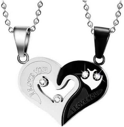 Arzonai 1Pair I Love You for Couple Iron Chain Black Heart Love Necklaces Fashion Trendy Paired Suspension Pendants