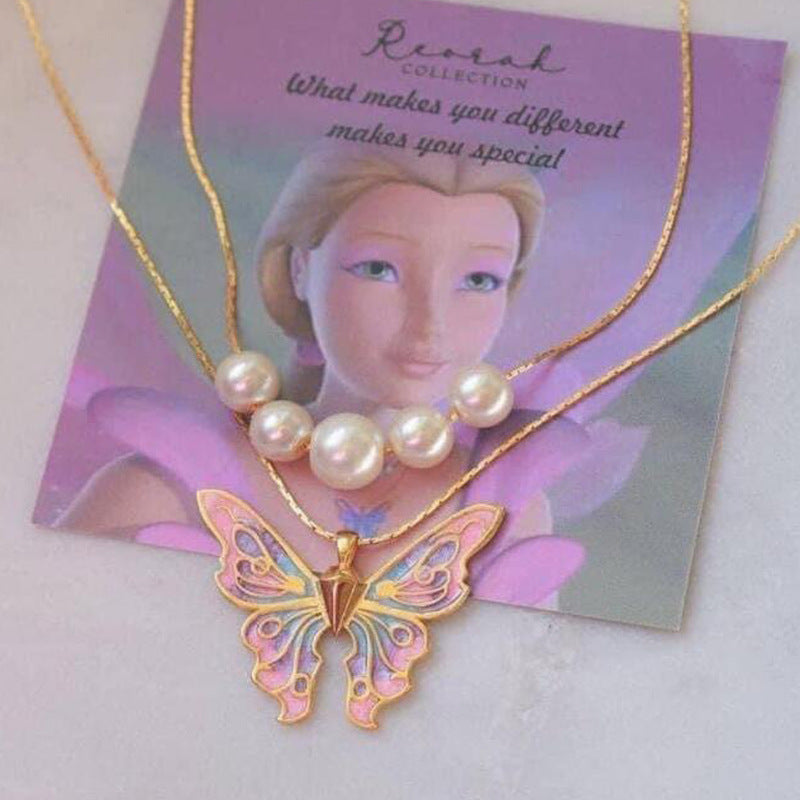 Arzonai Barbie Princess Necklace Pearl Drop Oil Butterfly Princess Crystal Necklace Couple Girlfriend Jewelry Gift Cross-border Necklace for women and girls