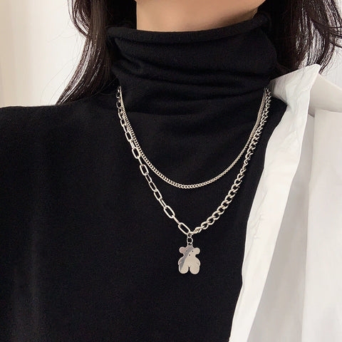 Arzonai Hip Hop Fashion Asymmetric Double Necklace Personality Retro Bear Pendant Necklace Temperament Trendy Short Sweater Chain