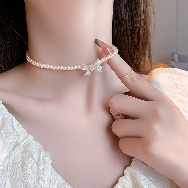 Arzonai Bow Knot Pearl Necklace Women's Clavicle Chain 2022 New Small Fragrant Style Necklace With a Design Sense of Temperament