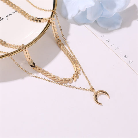 Arzonai European and American new trend personality two-layer moon necklace fashion sexy double-layer fishbone chain cross-border jewelry