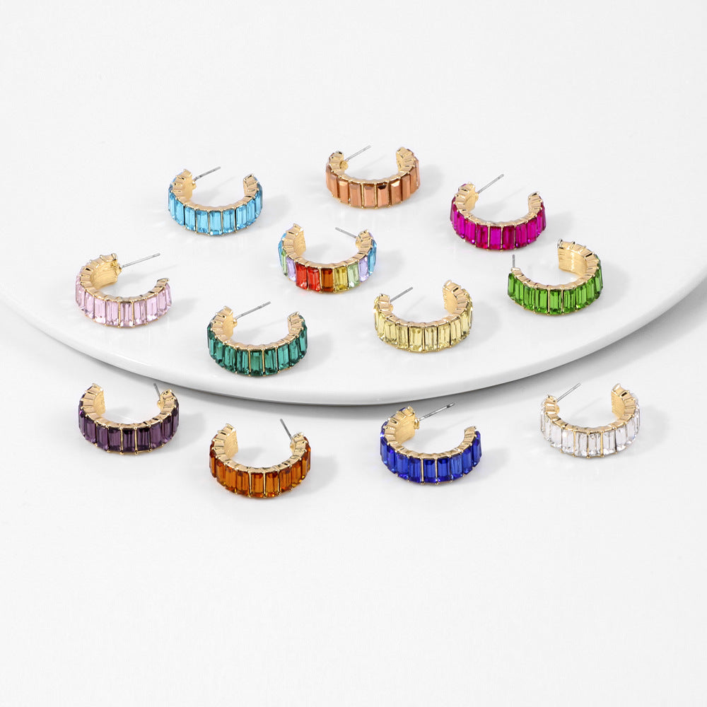 Arzonai original new jewelry multicolor glass diamond earrings female European and American simple C-shaped earrings