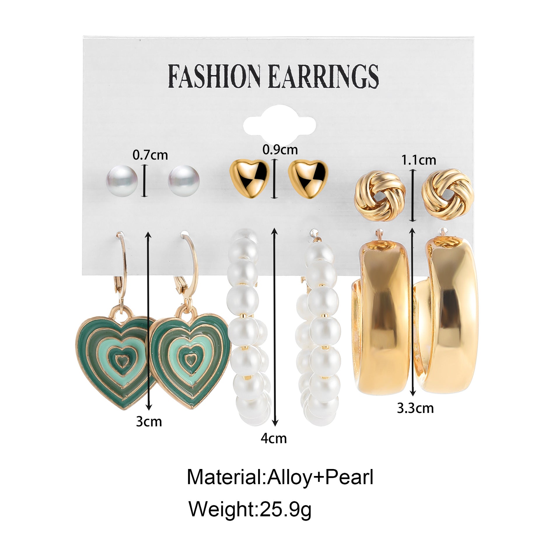 Arzonai New Independent Packaging Women's Green Love Pendant Earrings Set 6 Pairs of Creative Pearl Metal Earrings for women and Girls