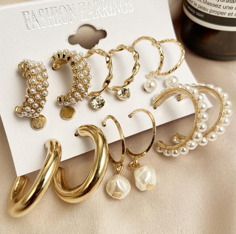Arzonai new pearl zircon temperament earrings ladies geometric pearl earrings 9-piece set