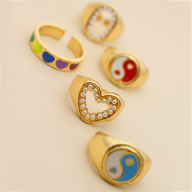 Arzonai Y2K gossip heart-shaped oval pearl ins fashion design color 5-piece joint ring set